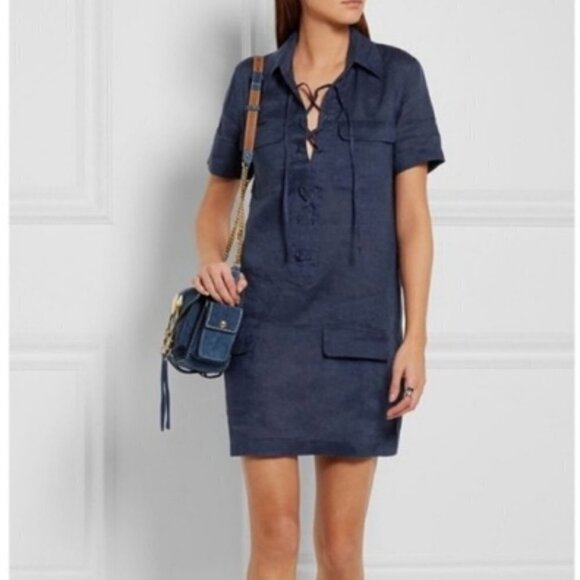 Equipment | Knox Corset Front Linen Shirtdress Popover Mini Dress Blue Size M - Picture 2 of 13